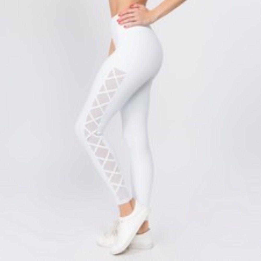 Active Lace-Up Mesh Side Workout Leggings - WHITE
